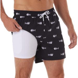 imageBRISIRA Mens Swim Trunks Bathing Suit 5 Inch Inseam Compression Liner Beach Swim Shorts Swimwear Quick Dry Zipper PocketBlack Fish Bone