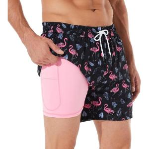 imageBRISIRA Mens Swim Trunks Bathing Suit 5 Inch Inseam Compression Liner Beach Swim Shorts Swimwear Quick Dry Zipper PocketBlack Flamingo