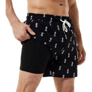 imageBRISIRA Mens Swim Trunks Bathing Suit 5 Inch Inseam Compression Liner Beach Swim Shorts Swimwear Quick Dry Zipper PocketBlack Pineapple