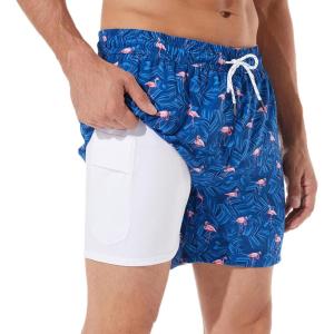 imageBRISIRA Mens Swim Trunks Bathing Suit 5 Inch Inseam Compression Liner Beach Swim Shorts Swimwear Quick Dry Zipper PocketBlackpink Flamingo