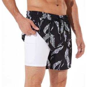 imageBRISIRA Mens Swim Trunks Bathing Suit 5 Inch Inseam Compression Liner Beach Swim Shorts Swimwear Quick Dry Zipper PocketBlacktropical