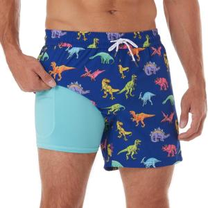 imageBRISIRA Mens Swim Trunks Bathing Suit 5 Inch Inseam Compression Liner Beach Swim Shorts Swimwear Quick Dry Zipper PocketBlue Dinosaur