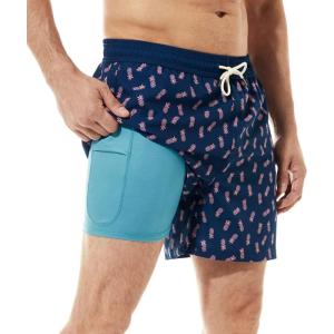 imageBRISIRA Mens Swim Trunks Bathing Suit 5 Inch Inseam Compression Liner Beach Swim Shorts Swimwear Quick Dry Zipper PocketDarkblue Pineapple