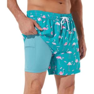 imageBRISIRA Mens Swim Trunks Bathing Suit 5 Inch Inseam Compression Liner Beach Swim Shorts Swimwear Quick Dry Zipper PocketDarkcyan Flamingo