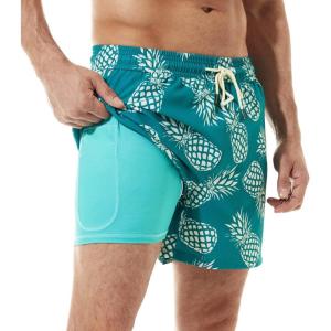 imageBRISIRA Mens Swim Trunks Bathing Suit 5 Inch Inseam Compression Liner Beach Swim Shorts Swimwear Quick Dry Zipper PocketDarkcyan Pineapple