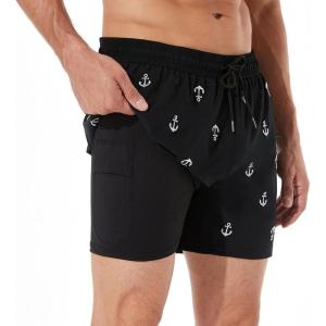 imageBRISIRA Mens Swim Trunks Bathing Suit 5 Inch Inseam Compression Liner Beach Swim Shorts Swimwear Quick Dry Zipper PocketEmbroidery Anchorblack