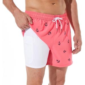 imageBRISIRA Mens Swim Trunks Bathing Suit 5 Inch Inseam Compression Liner Beach Swim Shorts Swimwear Quick Dry Zipper PocketEmbroidery Anchorpink