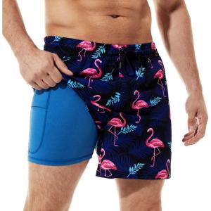 imageBRISIRA Mens Swim Trunks Bathing Suit 5 Inch Inseam Compression Liner Beach Swim Shorts Swimwear Quick Dry Zipper PocketFlamingo