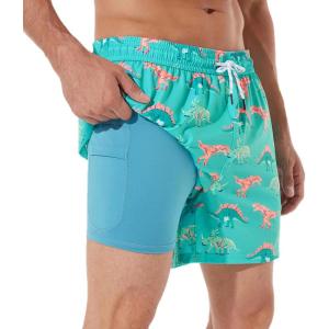imageBRISIRA Mens Swim Trunks Bathing Suit 5 Inch Inseam Compression Liner Beach Swim Shorts Swimwear Quick Dry Zipper PocketGreen Dinosaur