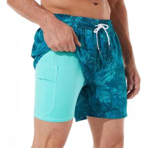 imageBRISIRA Mens Swim Trunks Bathing Suit 5 Inch Inseam Compression Liner Beach Swim Shorts Swimwear Quick Dry Zipper PocketGreentropical