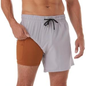 imageBRISIRA Mens Swim Trunks Bathing Suit 5 Inch Inseam Compression Liner Beach Swim Shorts Swimwear Quick Dry Zipper PocketGrey