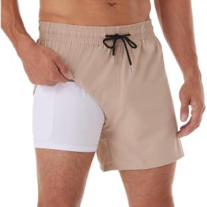 imageBRISIRA Mens Swim Trunks Bathing Suit 5 Inch Inseam Compression Liner Beach Swim Shorts Swimwear Quick Dry Zipper PocketLightkhaki