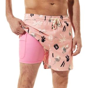 imageBRISIRA Mens Swim Trunks Bathing Suit 5 Inch Inseam Compression Liner Beach Swim Shorts Swimwear Quick Dry Zipper PocketPink Flamingo