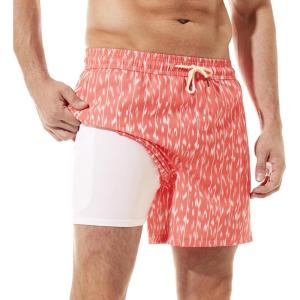 imageBRISIRA Mens Swim Trunks Bathing Suit 5 Inch Inseam Compression Liner Beach Swim Shorts Swimwear Quick Dry Zipper PocketPink and White