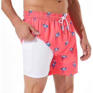 imageBRISIRA Mens Swim Trunks Bathing Suit 5 Inch Inseam Compression Liner Beach Swim Shorts Swimwear Quick Dry Zipper PocketPinkblue Flamingo