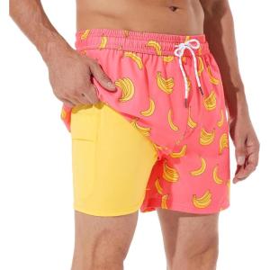 imageBRISIRA Mens Swim Trunks Bathing Suit 5 Inch Inseam Compression Liner Beach Swim Shorts Swimwear Quick Dry Zipper PocketPinkyellowbanana