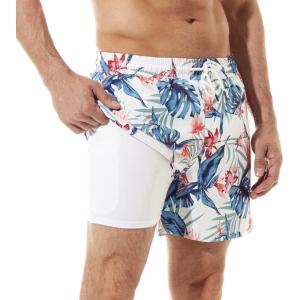 imageBRISIRA Mens Swim Trunks Bathing Suit 5 Inch Inseam Compression Liner Beach Swim Shorts Swimwear Quick Dry Zipper PocketWhite Tropical Leaves