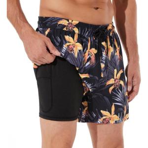 imageBRISIRA Mens Swim Trunks Bathing Suit 5 Inch Inseam Compression Liner Beach Swim Shorts Swimwear Quick Dry Zipper PocketYellowflower