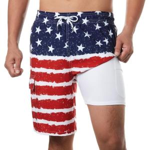 imageBRISIRA Mens Swim Trunks 9 Inch Inseam Board Shorts with Compression Liner Swimsuit Bathing Suit Quick Dry Cargo PocketAmericanflag