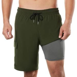 imageBRISIRA Mens Swim Trunks 9 Inch Inseam Board Shorts with Compression Liner Swimsuit Bathing Suit Quick Dry Cargo PocketArmygreen