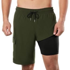 imageBRISIRA Mens Swim Trunks 9 Inch Inseam Board Shorts with Compression Liner Swimsuit Bathing Suit Quick Dry Cargo PocketArmygreenblack