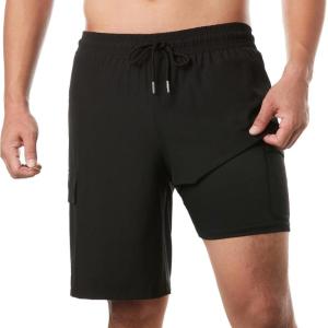imageBRISIRA Mens Swim Trunks 9 Inch Inseam Board Shorts with Compression Liner Swimsuit Bathing Suit Quick Dry Cargo PocketBlack