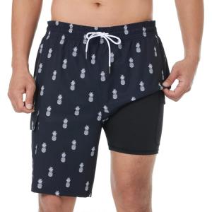 imageBRISIRA Mens Swim Trunks 9 Inch Inseam Board Shorts with Compression Liner Swimsuit Bathing Suit Quick Dry Cargo PocketBlack Pineapple