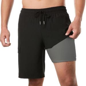 imageBRISIRA Mens Swim Trunks 9 Inch Inseam Board Shorts with Compression Liner Swimsuit Bathing Suit Quick Dry Cargo PocketBlackgray