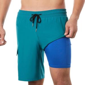 imageBRISIRA Mens Swim Trunks 9 Inch Inseam Board Shorts with Compression Liner Swimsuit Bathing Suit Quick Dry Cargo PocketBlue
