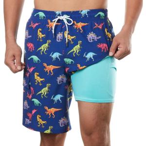 imageBRISIRA Mens Swim Trunks 9 Inch Inseam Board Shorts with Compression Liner Swimsuit Bathing Suit Quick Dry Cargo PocketBlue Dinosaur
