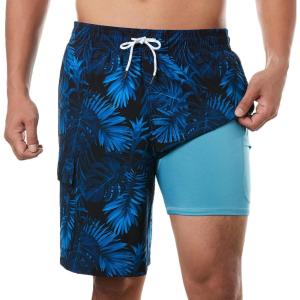 imageBRISIRA Mens Swim Trunks 9 Inch Inseam Board Shorts with Compression Liner Swimsuit Bathing Suit Quick Dry Cargo PocketBluetropical