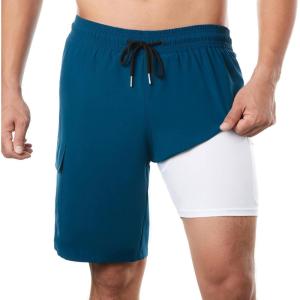 imageBRISIRA Mens Swim Trunks 9 Inch Inseam Board Shorts with Compression Liner Swimsuit Bathing Suit Quick Dry Cargo PocketCopenblue
