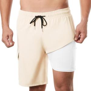 imageBRISIRA Mens Swim Trunks 9 Inch Inseam Board Shorts with Compression Liner Swimsuit Bathing Suit Quick Dry Cargo PocketCreamwhite