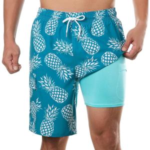 imageBRISIRA Mens Swim Trunks 9 Inch Inseam Board Shorts with Compression Liner Swimsuit Bathing Suit Quick Dry Cargo PocketDarkcyan Pineapple