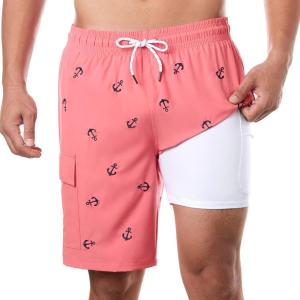 imageBRISIRA Mens Swim Trunks 9 Inch Inseam Board Shorts with Compression Liner Swimsuit Bathing Suit Quick Dry Cargo PocketEmbroidery Anchorpink