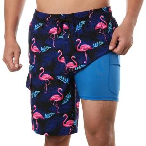 imageBRISIRA Mens Swim Trunks 9 Inch Inseam Board Shorts with Compression Liner Swimsuit Bathing Suit Quick Dry Cargo PocketFlamingo