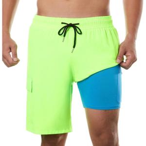 imageBRISIRA Mens Swim Trunks 9 Inch Inseam Board Shorts with Compression Liner Swimsuit Bathing Suit Quick Dry Cargo PocketFluorescent Green