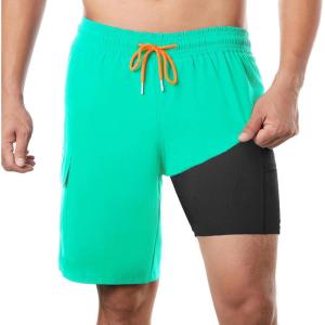 imageBRISIRA Mens Swim Trunks 9 Inch Inseam Board Shorts with Compression Liner Swimsuit Bathing Suit Quick Dry Cargo PocketGrassgreenblack