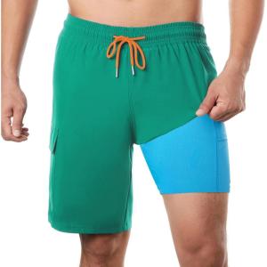 imageBRISIRA Mens Swim Trunks 9 Inch Inseam Board Shorts with Compression Liner Swimsuit Bathing Suit Quick Dry Cargo PocketGreenblue