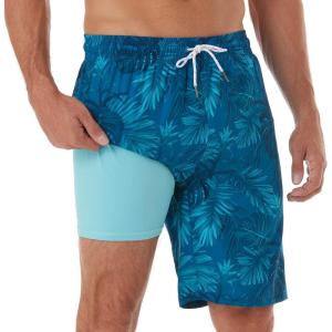 imageBRISIRA Mens Swim Trunks 9 Inch Inseam Board Shorts with Compression Liner Swimsuit Bathing Suit Quick Dry Cargo PocketGreentropical