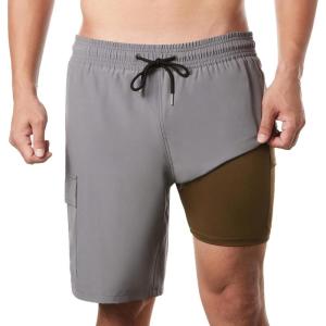 imageBRISIRA Mens Swim Trunks 9 Inch Inseam Board Shorts with Compression Liner Swimsuit Bathing Suit Quick Dry Cargo PocketGrey