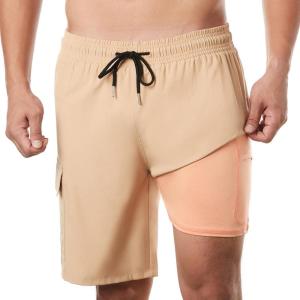 imageBRISIRA Mens Swim Trunks 9 Inch Inseam Board Shorts with Compression Liner Swimsuit Bathing Suit Quick Dry Cargo PocketKhaki