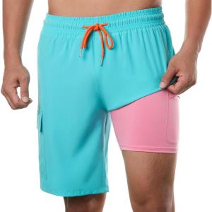 imageBRISIRA Mens Swim Trunks 9 Inch Inseam Board Shorts with Compression Liner Swimsuit Bathing Suit Quick Dry Cargo PocketLightblue