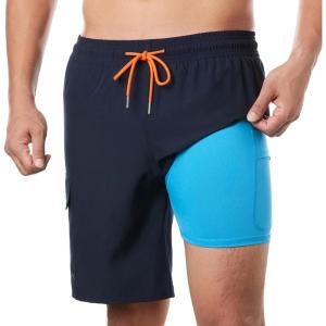 imageBRISIRA Mens Swim Trunks 9 Inch Inseam Board Shorts with Compression Liner Swimsuit Bathing Suit Quick Dry Cargo PocketNavy