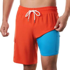 imageBRISIRA Mens Swim Trunks 9 Inch Inseam Board Shorts with Compression Liner Swimsuit Bathing Suit Quick Dry Cargo PocketOrange