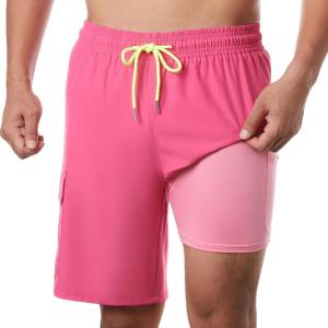imageBRISIRA Mens Swim Trunks 9 Inch Inseam Board Shorts with Compression Liner Swimsuit Bathing Suit Quick Dry Cargo PocketPink