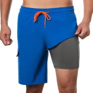 imageBRISIRA Mens Swim Trunks 9 Inch Inseam Board Shorts with Compression Liner Swimsuit Bathing Suit Quick Dry Cargo PocketRoyalblue