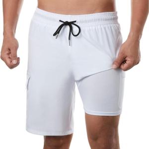 imageBRISIRA Mens Swim Trunks 9 Inch Inseam Board Shorts with Compression Liner Swimsuit Bathing Suit Quick Dry Cargo PocketWhite