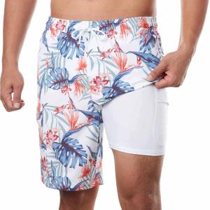 imageBRISIRA Mens Swim Trunks 9 Inch Inseam Board Shorts with Compression Liner Swimsuit Bathing Suit Quick Dry Cargo PocketWhite Tropical Leaves