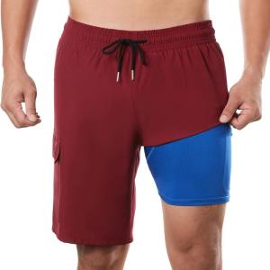 imageBRISIRA Mens Swim Trunks 9 Inch Inseam Board Shorts with Compression Liner Swimsuit Bathing Suit Quick Dry Cargo PocketWinered
